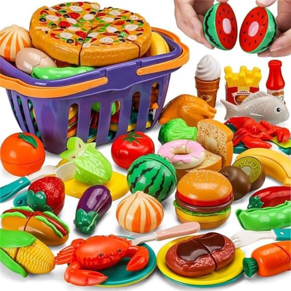 42 Items 87 Pcs Cutting Play Food Toy for Kids Kitchen Set,Pretend Cooking Set - Picture 7 of 7